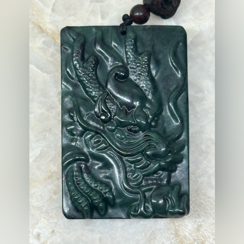 Dragon Carved Stone Pendant- Dark Green